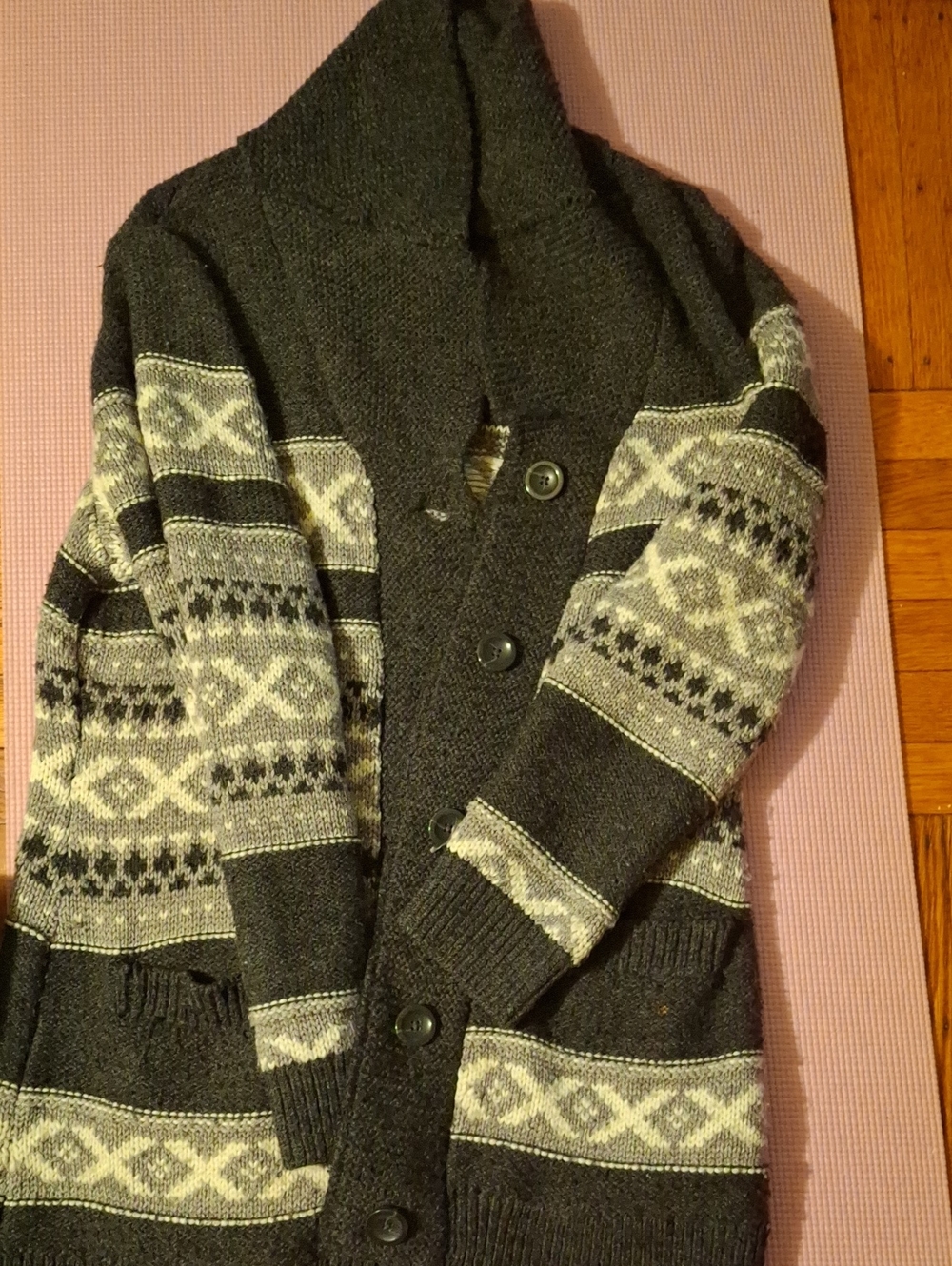 Nicole Miller Dark Gray and Light Gray Patterned Shawl Collar Cardigan